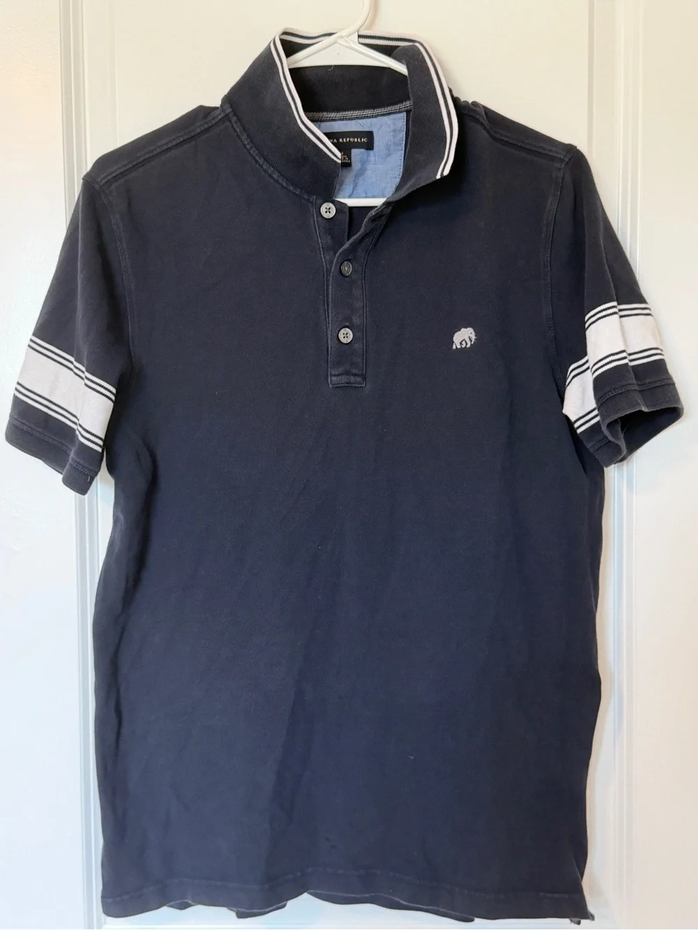 Banana Republic Navy Polo with White Sleeve Stripes